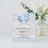 Budget Sweet 16 Silver Blue Glitter-uitnodiging (Staand voorkant)