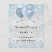Budget Sweet 16 Silver Blue Glitter-uitnodiging (Voorkant)