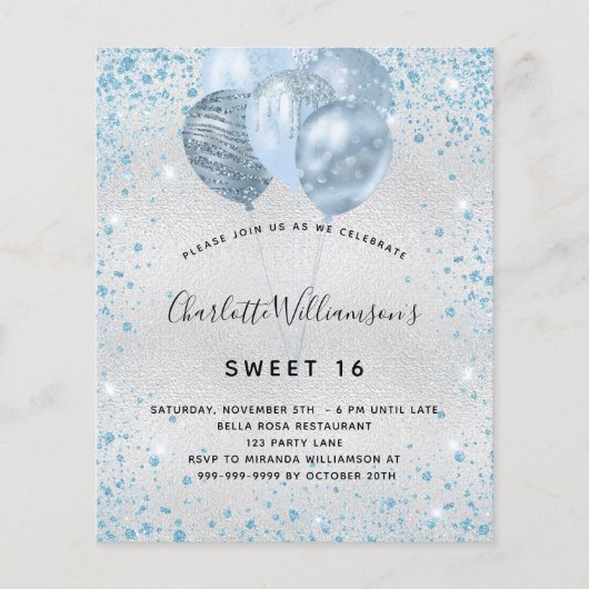 Budget Sweet 16 Silver Blue Glitter-uitnodiging (Voorkant)