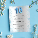 Budget Sweet 16 Silver Blue Glitter-uitnodiging<br><div class="desc">Een moderne,  stijlvolle en glamoureuze uitnodiging voor het Sweet 16,  16e verjaardagsfeest van een meisje. Een faux zilveren achtergrond,  versierd met blauw gekleurd glitterstof. Personaliseer en voeg jouw naam en partijdetails toe. Nummer 16 wordt geschreven met een ballonstijllettertype,  script.</div>