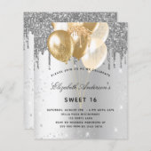Budget Sweet 16 Silver Gold-ballonnen uitnodiging (Voorkant / Achterkant)