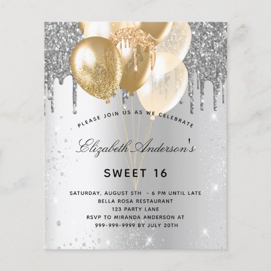 Budget Sweet 16 Silver Gold-ballonnen uitnodiging (Voorkant)