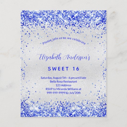 Budget Sweet 16 Silver Royal Blue-uitnodiging (Voorkant)