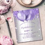 Budget Sweet 16 Silver violet-uitnodiging<br><div class="desc">Een stijlvolle,  zilveren achtergrond. Ontkleurd met violet,  lavender gekleurde faux glitter en ballonnen. Geef een persoonlijke naam,  leeftijd en partijgegevens op en voeg deze toe. De naam wordt geschreven met een handgeschreven stijlmanuscript</div>