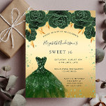 Budget Sweet 16 smaragdgroene goudjurk floral<br><div class="desc">Een moderne,  stijlvolle en glamoureuze uitnodiging voor een Sweet 16,  16e verjaardagsfeestje. Een faux gouden achtergrond met groen faux glitter stof,  een smaragdgroene jurk en groene rozen,  bloemen. De naam wordt geschreven met een modern handgeschreven stijlmanuscript met letters. Pas je partijgegevens aan en voeg deze toe.</div>