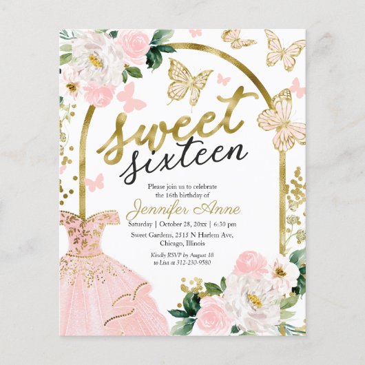 Budget Sweet 16 Uitnodiging Floral Dress Butterfly (Voorkant)