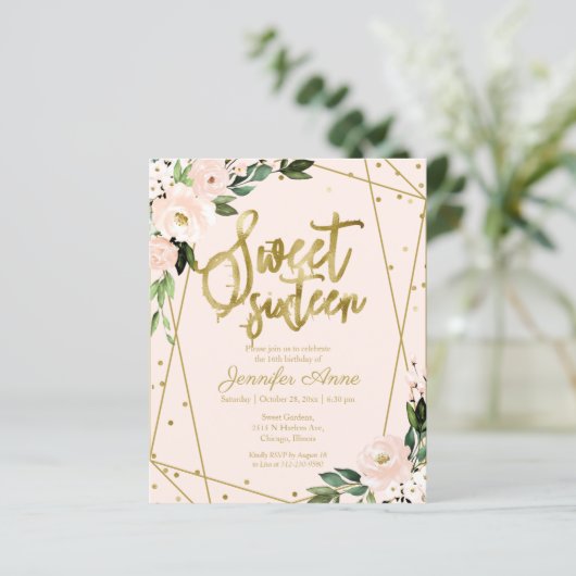 Budget Sweet 16 Uitnodiging Gold Pink Blush Floral (Staand voorkant)