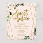 Budget Sweet 16 Uitnodiging Gold Pink Blush Floral (Voorkant)