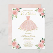 Budget Sweet 16 Uitnodiging Gold Pink Blush Gown (Voorkant / Achterkant)