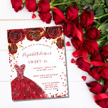 Budget Sweet 16 uitnodiging voor rode witte jurk<br><div class="desc">Een moderne,  stijlvolle en glamoureuze uitnodiging voor een Sweet 16,  16e verjaardagsfeestje. Een witte achtergrond met sparken,  een rode jurk en rode rozen,  bloemen. De naam wordt geschreven met een modern handgeschreven stijlmanuscript met letters. Pas je partijgegevens aan en voeg deze toe.</div>