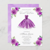 Budget Sweet 16 Uitnodiging Zilver Paarse Gown (Voorkant / Achterkant)