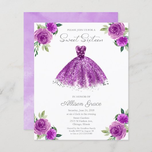 Budget Sweet 16 Uitnodiging Zilver Paarse Gown (Voorkant / Achterkant)