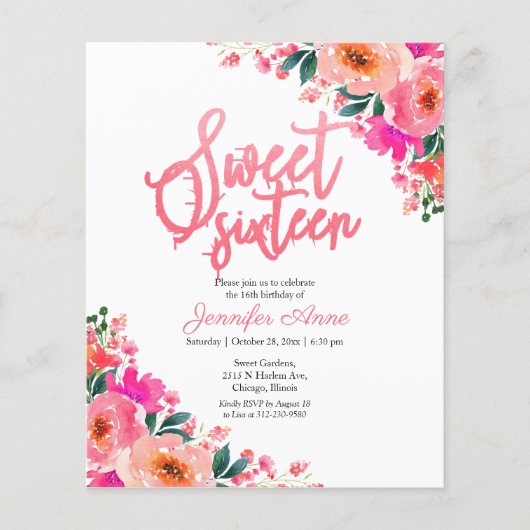 Budget Sweet 16 Uitnodigingen Heet Roze Bloemen (Voorkant)