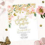 Budget Sweet 16 Vlinder Uitnodiging Roze Bloemen<br><div class="desc">Een speelse roze en gouden glinsterende vlinders uitnodiging. Geweldig voor een vlinder-thema 16e verjaardagsfeest. AANPASSING: Stuur me een bericht via de chat als je enige aanpassing nodig hebt,  zoals een kleurverandering. BESTAANDE BESTELLING / VERZENDTIJD AANPASSEN,  enz.,  neem rechtstreeks contact op met de klantenservice van Zazzle. https://help.zazzle.com/hc/nl/articles/221463567-Hoe-Kan-Ik-Zazzle-Klantenservice-Benaderen-</div>