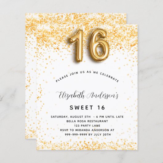 Budget Sweet 16 White Gold glitter-uitnodiging (Voorkant / Achterkant)