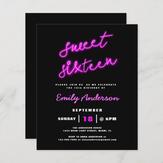 Budget Sweet 16 Zestien Retro Neon Verjaardagsfees (Voorkant / Achterkant)