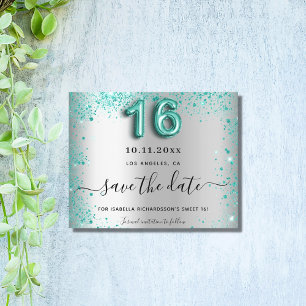 Budget Sweet 16 zilver teal glitters 'save the dat