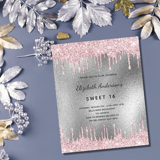 Budget Sweet 16 zilveren glitter roze uitnodiging
