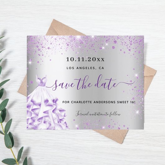 Budget sweet 16 zilveren paarse jurk save the date