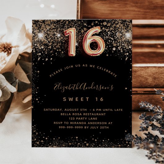 Budget Sweet 16 zwarte goudglitter-uitnodiging