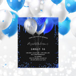 Budget Sweet 16 zwarte koninklijke blauwe uitnodig<br><div class="desc">Een meisjesfeest en een vrouwelijk zoete 16,  16e verjaardag uitnodiging. Aan de voorzijde: een zwarte achtergrond. Gedecorreerd met royal blue faux glitter druppels,  verfdruppelende blik en ballonnen. Pas een naam en partijdetails aan en voeg deze toe. De naam wordt geschreven met een handgeschreven stijlmanuscript met letters.</div>