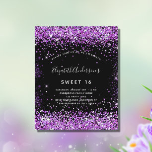 Budget Sweet 16 zwarte paarse glitter-uitnodiging
