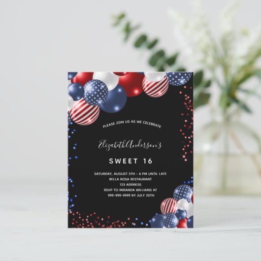 Budget Sweet 16 zwarte patriottische uitnodiging (Staand voorkant)