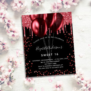 Budget Sweet 16 zwarte rode glitter-uitnodiging