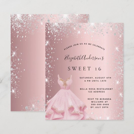 Budget Sweet 16 zwarte roze zilverglitterjurk (Voorkant / Achterkant)