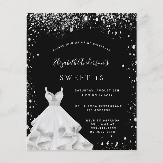 Budget Sweet 16 zwarte zilveren glitter-stofjurk (Voorkant)