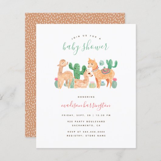 Budget Sweet Alpaca Llama Cactus Boho Baby shower (Voorkant / Achterkant)