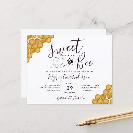 Budget Sweet as Can Bee Baby shower Invitation (Voorkant / Achterkant in situ)