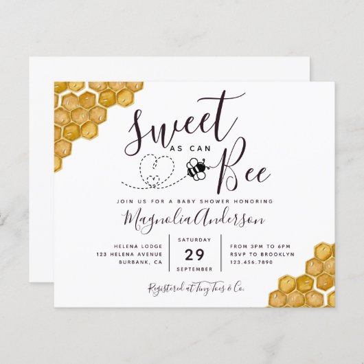 Budget Sweet as Can Bee Baby shower Invitation (Voorkant / Achterkant)