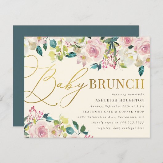 Budget Sweet Floral Gold Script Baby Brunch (Voorkant / Achterkant)