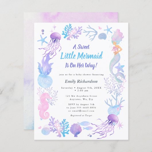 Budget Sweet Little Mermaid Baby shower Invitation (Voorkant / Achterkant)
