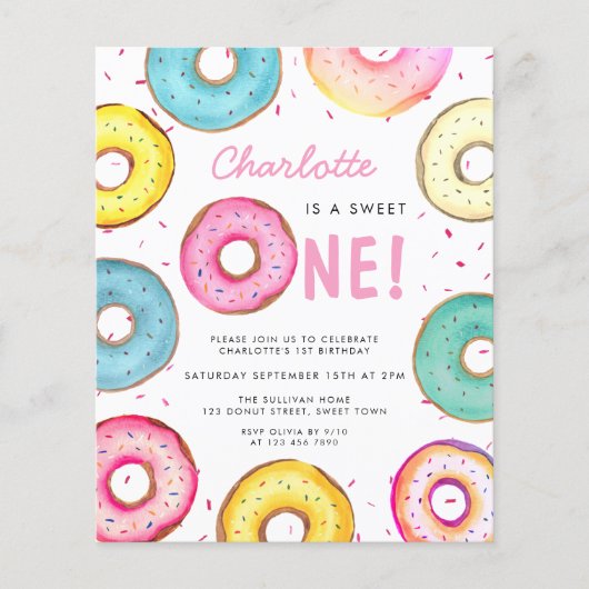 Budget Sweet One Donuts 1e Verjaardag uitnodiging (Voorkant)