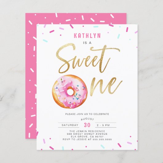 Budget Sweet One Pink Gold Donut Verjaardagsuitnod (Voorkant / Achterkant)