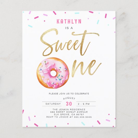 Budget Sweet One Pink Gold Donut Verjaardagsuitnod (Voorkant)