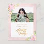 Budget Sweet Sixteen Elegant Floral Pink Foto Uitnodiging Briefkaart (Voorkant)