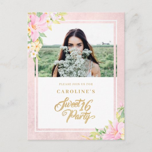 Budget Sweet Sixteen Elegant Floral Pink Foto Uitnodiging Briefkaart (Voorkant)