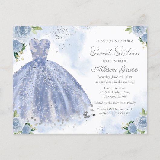 Budget Sweet Sixteen Uitnodiging Silver Blue Gown (Voorkant)