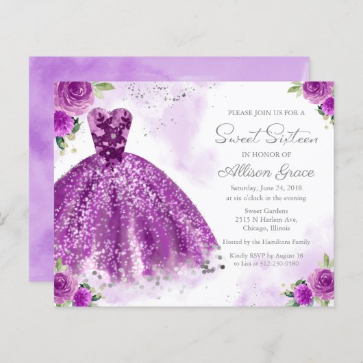 Budget Sweet Sixteen Uitnodiging Zilver Paarse Gow (Voorkant / Achterkant)
