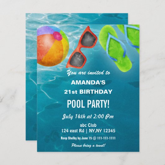 Budget Swimming Pool Party Birthday Invitation (Voorkant / Achterkant)