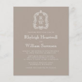 Budget Taupe Monogram Crest Trouw Uitnodiging (Voorkant)