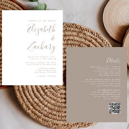 Budget Taupe Script QR Code Trouw Uitnodiging