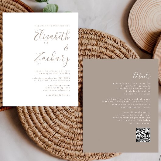 Budget Taupe Script QR Code Trouw Uitnodiging