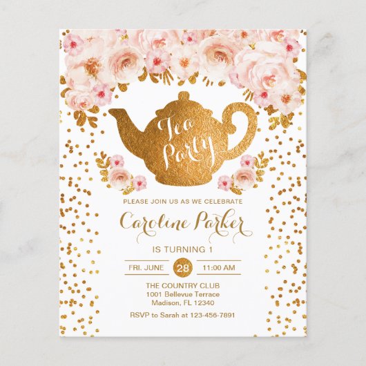 Budget Tea Party - Birthday - Gold White - roze ui Flyer (Voorkant)
