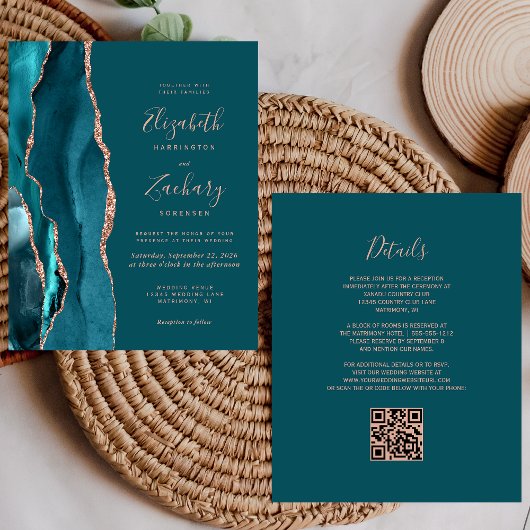Budget Teal Agate Rose Gold QR Code Wedding Invite