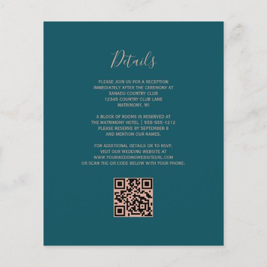 Budget Teal Agate Rose Gold QR Code Wedding Invite (Achterkant)