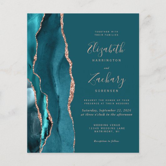 Budget Teal Agate Rose Gold Wedding Invitation (Voorkant)